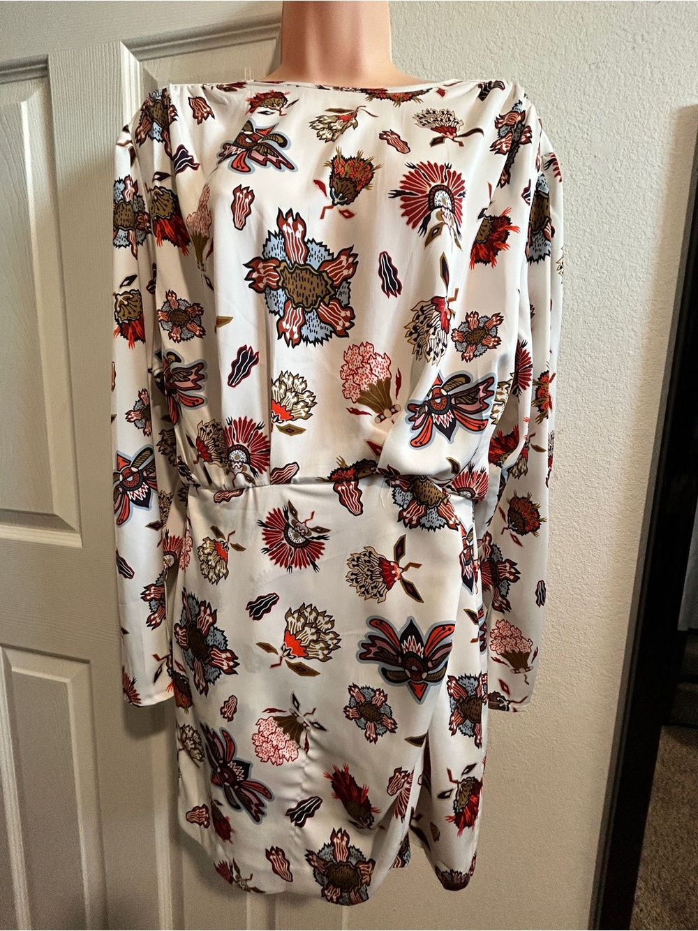 SFERA Floral Print Mini Dress in Ivory with Red Accents